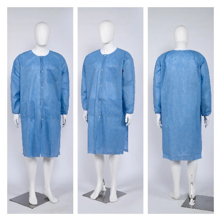 SJ Disposable Clothing Blue Pink SMS Breathable Fluid Resistant Lab Coat with Pockets Knitted Collar and Cuffs