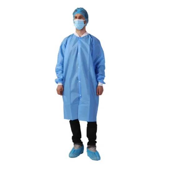 Camice da laboratorio monouso medico unisex in PP SMS non tessuto bianco blu uniforme da lavoro medico dentista ospedaliero con chiusura a scatto/cerniera per l'industria alimentare